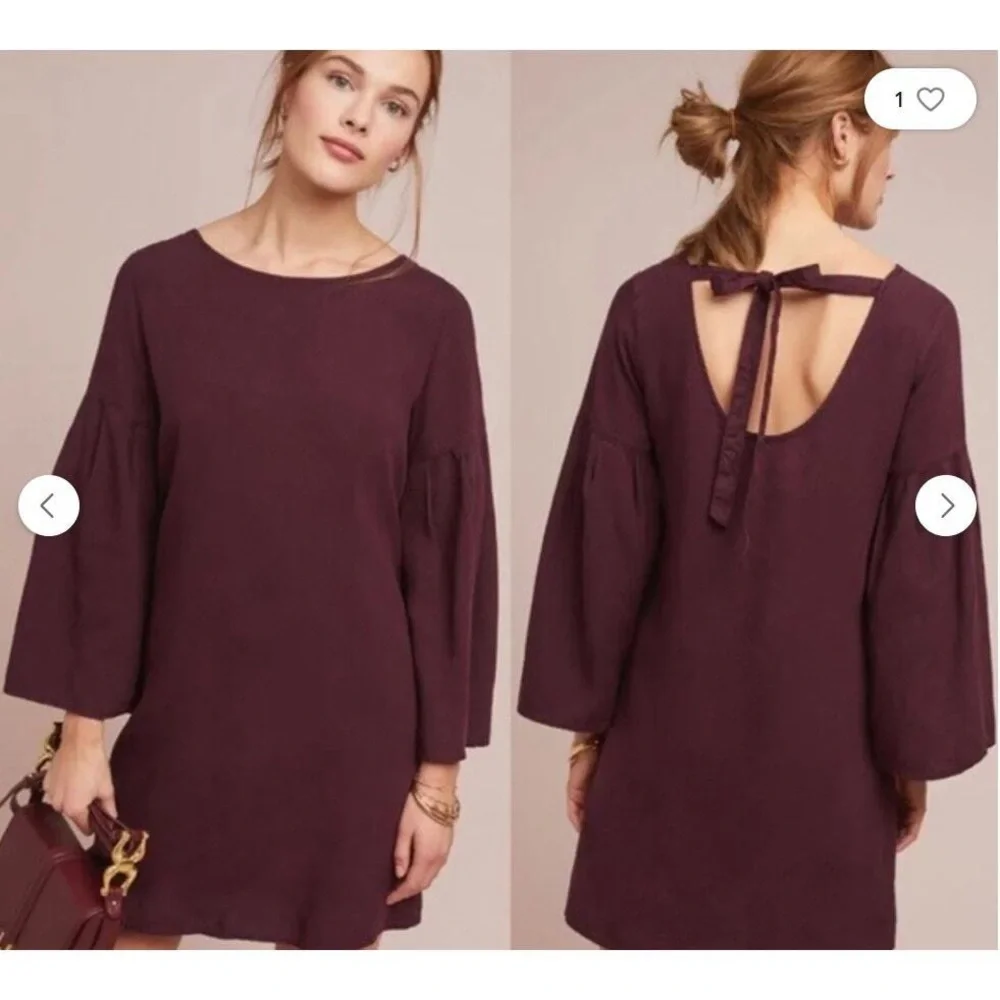 Anthropologie Cloth‎ & Stone Tiffany Bell Sleeve Purple Burgundy Dress Size PM